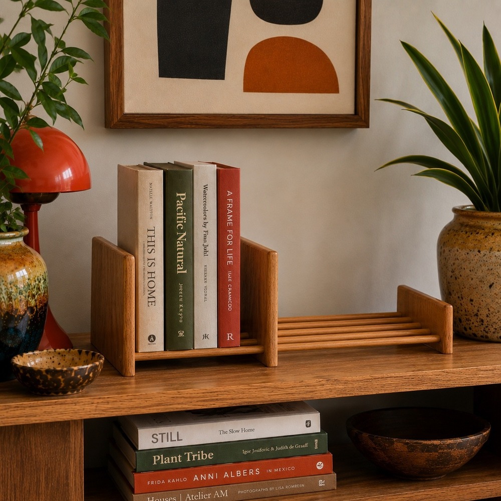 Vintage Mid Century Modern Oak Wood Desktop Book Rack Expandable Slat Bookshelf